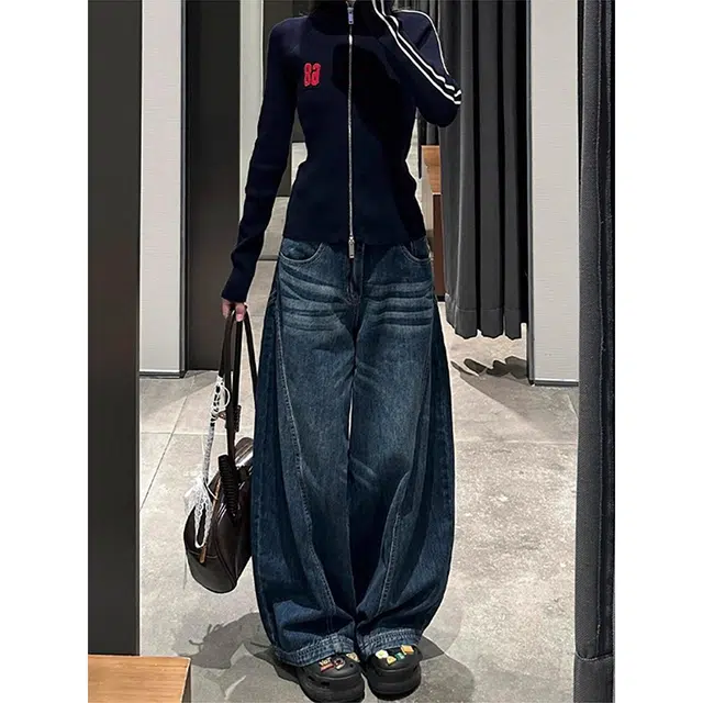 如续 美式水洗阔腿弯刀垂感长裤百搭潮流宽松直筒拖地舒适休闲牛仔裤 女款