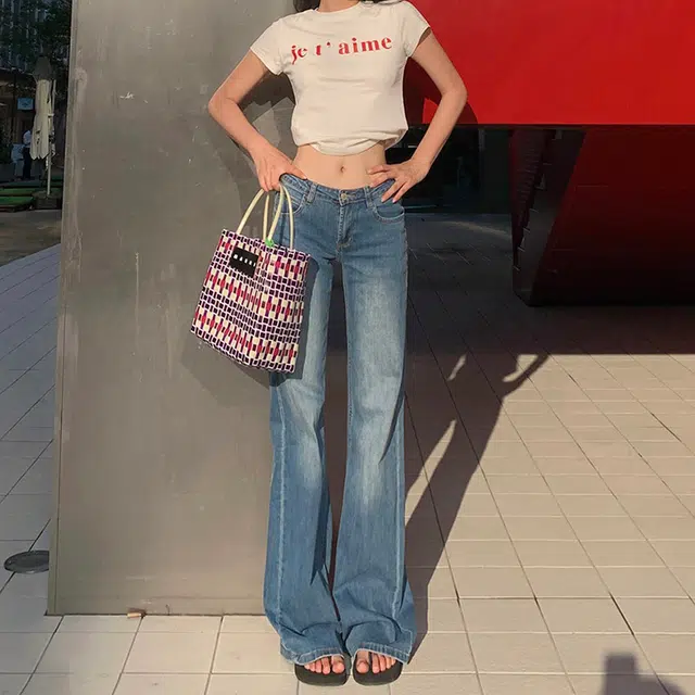 如续 辣妹低腰圆口袋设计微弹力微喇叭垂感修身微复古时尚牛仔裤 女款