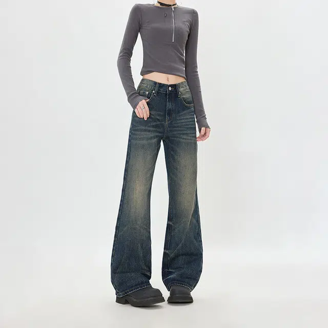 如续 复古拖地直筒宽松百搭美式做旧街头牛仔裤 男女同款