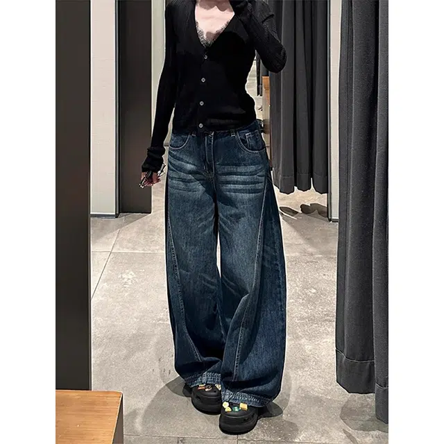 如续 美式水洗阔腿弯刀垂感长裤百搭潮流宽松直筒拖地舒适休闲牛仔裤 女款