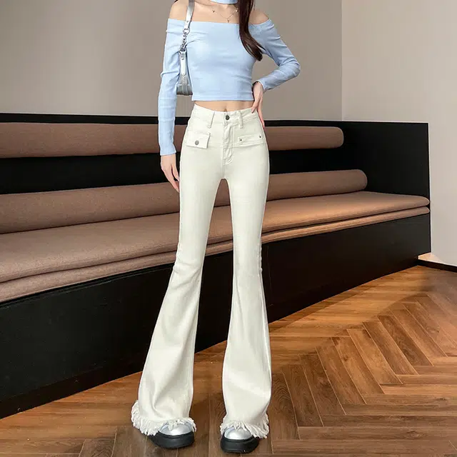 如续 流苏高腰微喇修身显瘦设计感九分喇叭牛仔裤 女款