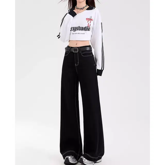 如续 美式复古潮流百搭基础款阔腿长裤舒适休闲垂感加绒厚款秋冬拖地牛仔裤 女款