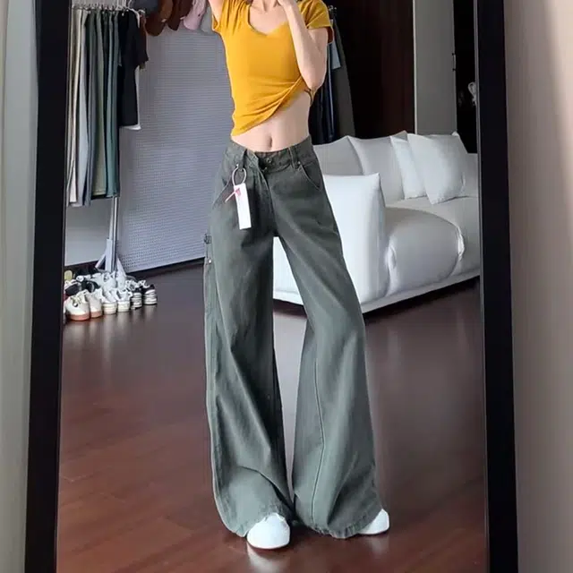 如续 美式复古微喇多口袋珠帆工装裤秋季上新休闲高街垂感高腰显瘦宽松阔腿拖地裤女生小个子款牛仔裤 女款