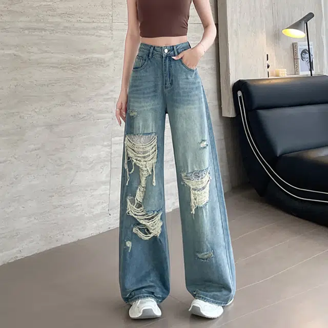 如续 蕾丝阔腿法式高级感简约舒适牛仔裤 女款