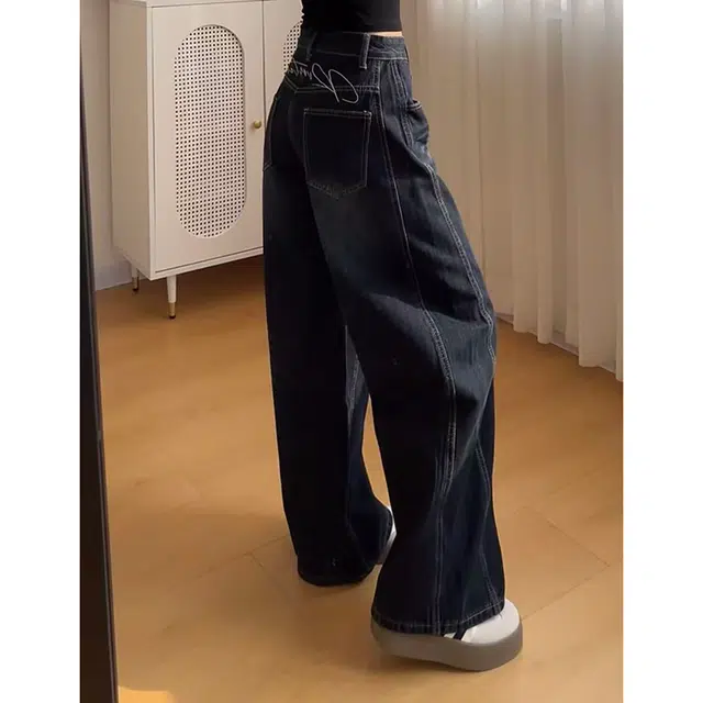 如续 秋季上新美式复古刺绣弯刀阔腿裤女高腰直筒宽松拖地裤女生小个子款牛仔裤 女款