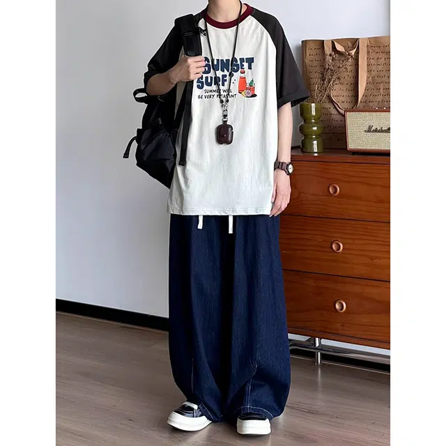 如续 潮流简约高级感纯色宽松阔腿弯刀长裤百搭设计感舒适休闲牛仔裤 男女同款