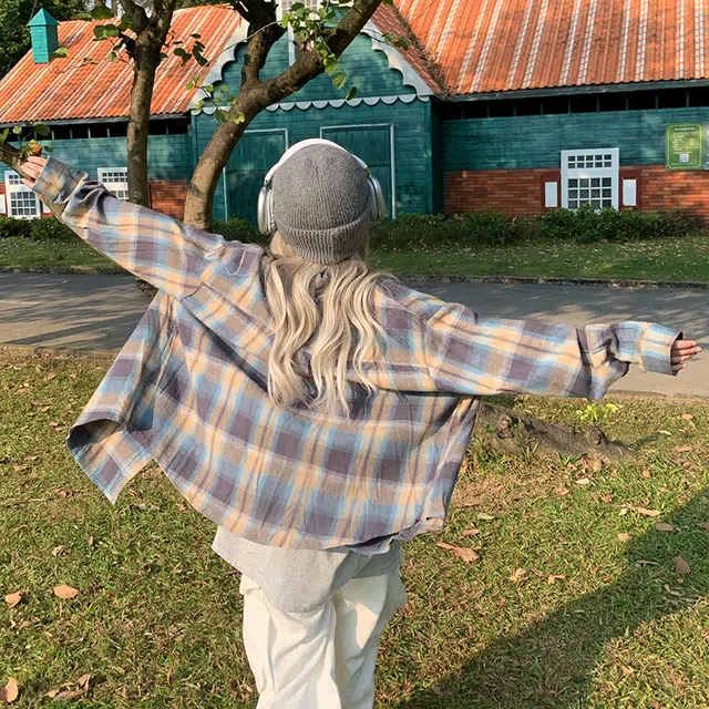 如续 相映成趣 美式复古撞色格子防晒长袖宽松休闲外套衬衫 女款