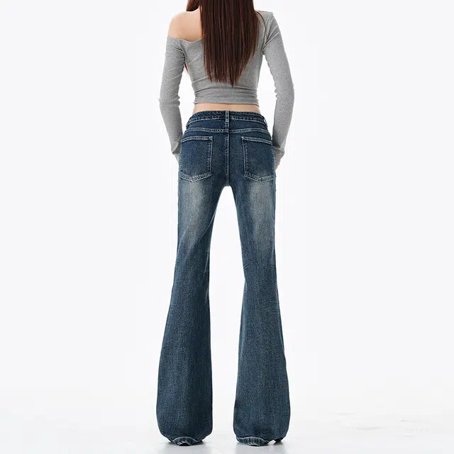 如续 如续美式低腰辣妹微喇裤设计感复古百蓝弹力显瘦喇叭裤牛仔裤 女款