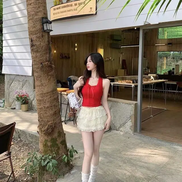 如续 蕾丝挂脖蝴蝶结系带带胸垫修身露背吊带上衣背心 女款