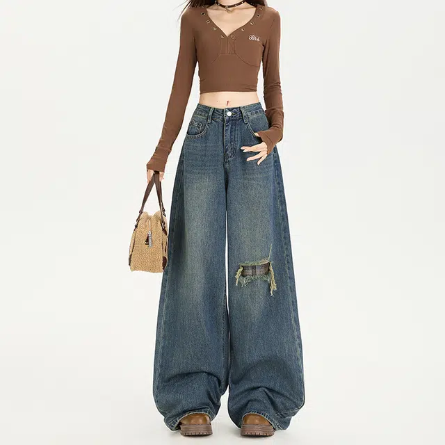 如续 设计感屁帘假破洞阔腿女秋高腰宽松显瘦拖地裤牛仔裤 女款