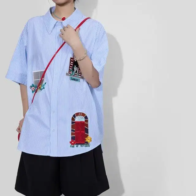 如续 趣味可爱贴布宽松百搭女上衣童趣条纹慵懒风短袖衬衫 女款