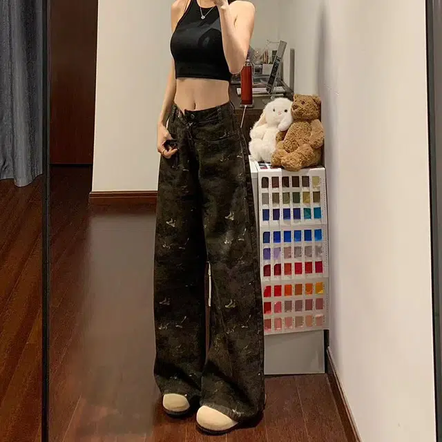 如续 潮流美式复古小众设计感微喇不贴腿宽松长裤百搭舒适休闲拖地牛仔裤 女款