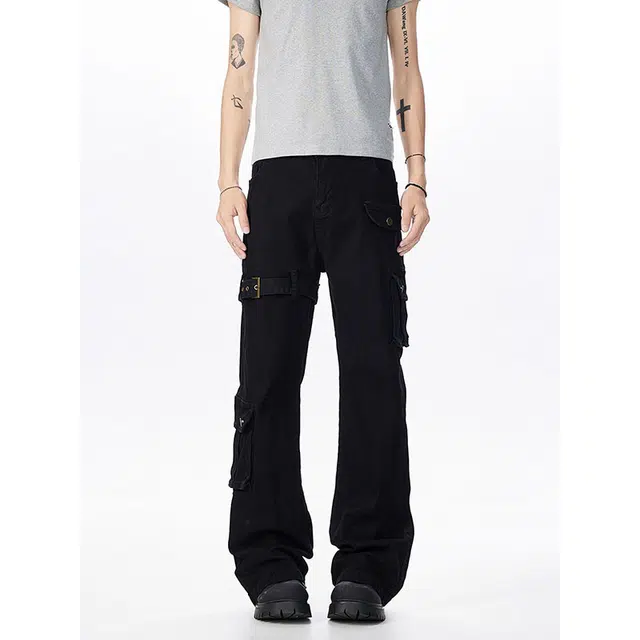 如续 美式复古高街风多口袋拼接设计百搭长裤潮流痞帅炸街微喇牛仔裤 男款