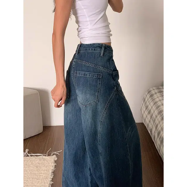 如续 美式复古百搭基础款弯刀长裤潮流显瘦廓形垂坠感舒适休闲牛仔裤 女款