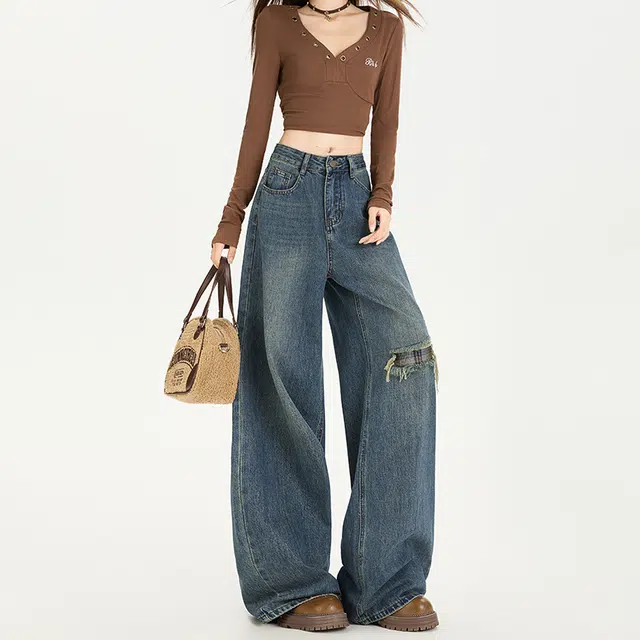 如续 设计感屁帘假破洞阔腿女秋高腰宽松显瘦拖地裤牛仔裤 女款