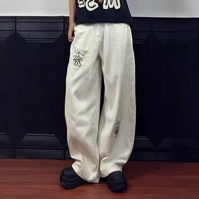 如续 美式解构花卉印花弯刀裤设计感阔腿情侣工装裤子牛仔裤 男女同款