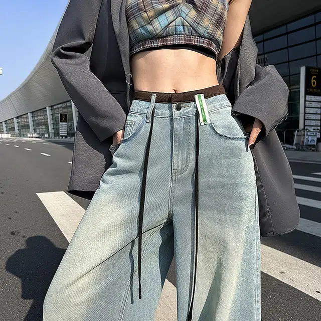 如续 美式高街阔腿裤辣妹复古显瘦宽松高级感修身休闲高腰长裤牛仔裤 女款