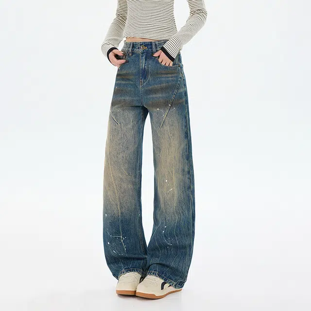 如续 美式做旧图案设计纽扣宽松褶皱斑点拖地牛仔裤 男女同款