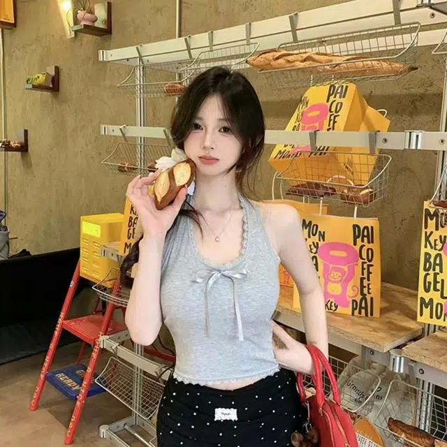 如续 蕾丝挂脖蝴蝶结系带带胸垫修身露背吊带上衣背心 女款