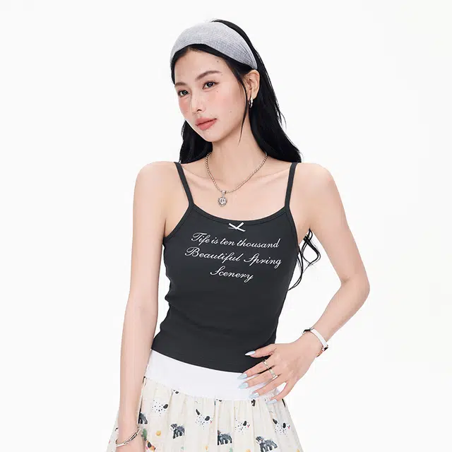 如续 美式甜辣 字母印花背心小女短款蝴蝶结修身上衣吊带 女款