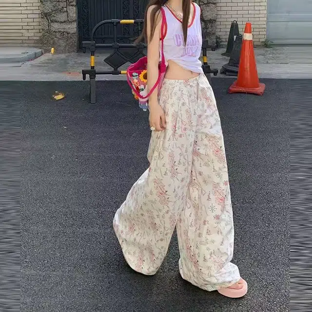 如续 美式复古高腰碎花宽松百搭薄款垂感阔腿时尚百搭休闲裤 女款