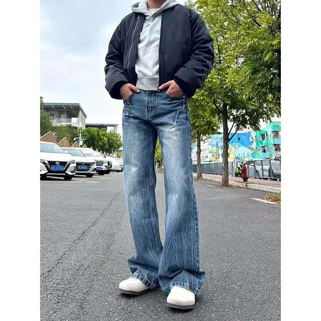 如续 潮流设计感闪电裂纹水洗直筒长裤美式复古宽松百搭舒适休闲牛仔裤 男女同款