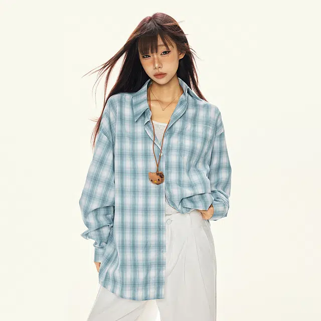 如续 韩系格子慵懒休闲宽松长袖衬衣衬衫 女款