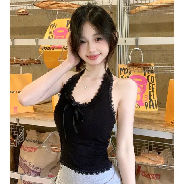 如续 蕾丝挂脖蝴蝶结系带带胸垫修身露背吊带上衣背心 女款