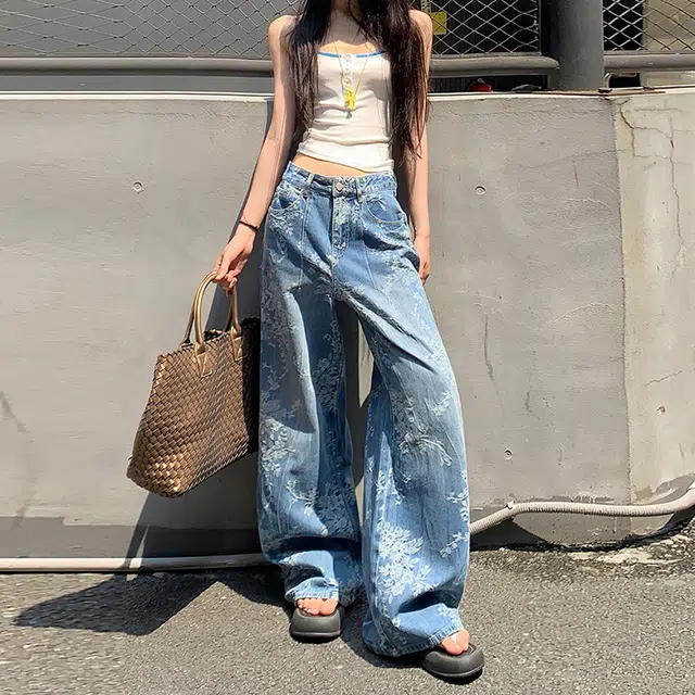 如续 美式复古小众提花设计宽松阔腿女舒适简约牛仔裤 女款