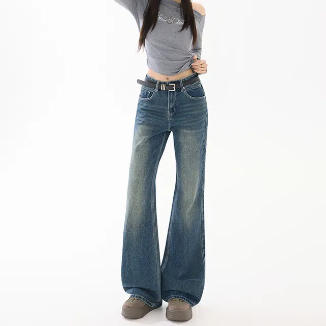 如续 秋冬慵懒休闲高腰阔腿裤女喇叭裤高街复古拖地裤牛仔裤 女款