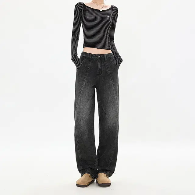 如续 宽松显瘦复古水洗潮舒适百搭褶皱牛仔裤 男女同款