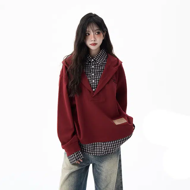 如续 美式复古假两件格子衬衫拼接连帽上衣潮流个性百搭秋季上新宽松休闲潮牌卫衣 男女同款