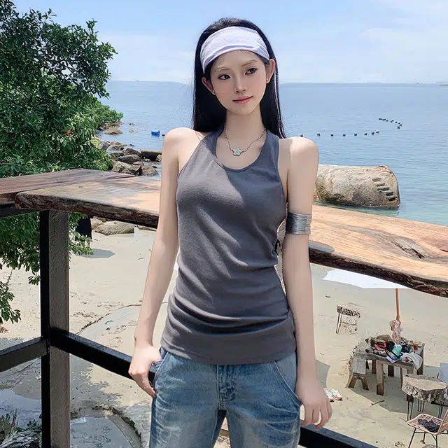 如续 美式复古修身辣妹挂脖吊带外穿内搭扭结美背上衣背心 女款