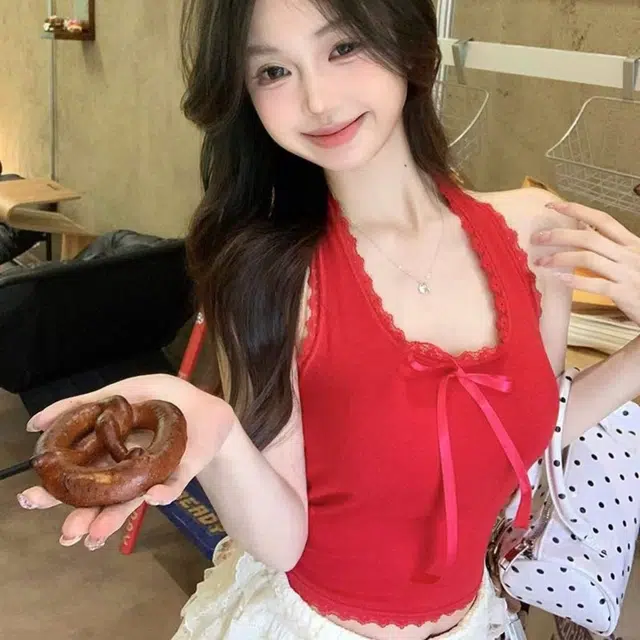 如续 蕾丝挂脖蝴蝶结系带带胸垫修身露背吊带上衣背心 女款