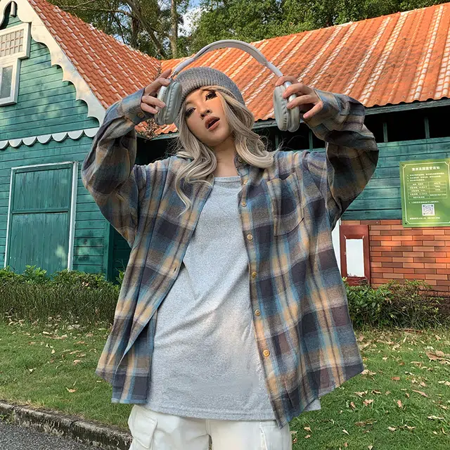 如续 相映成趣 美式复古撞色格子防晒长袖宽松休闲外套衬衫 女款