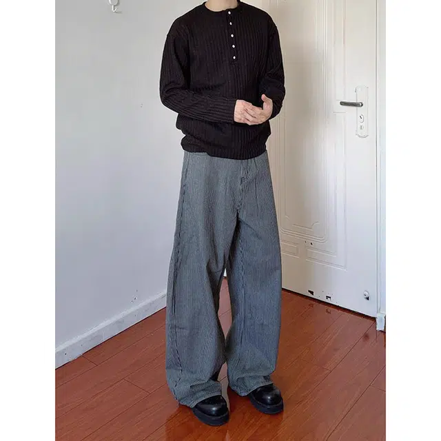 如续 美式复古学院风条纹弯刀裤少年感宽松百搭阔腿松弛感牛仔裤 男款