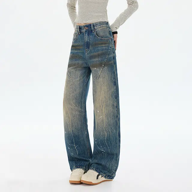 如续 美式做旧图案设计纽扣宽松褶皱斑点拖地牛仔裤 男女同款