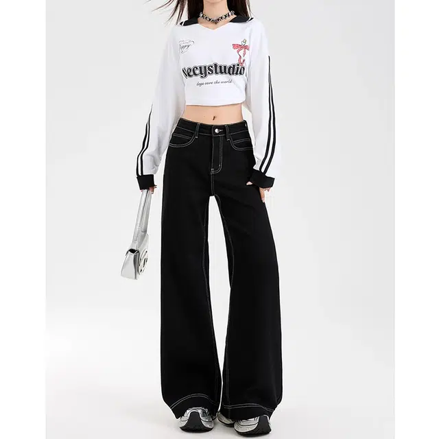 如续 美式复古潮流百搭基础款阔腿长裤舒适休闲垂感加绒厚款秋冬拖地牛仔裤 女款