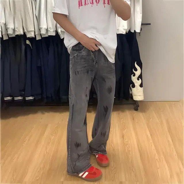 如续 春秋美式高街复古废土风扎染阔腿裤季水洗做旧宽松直筒裤牛仔裤 男款
