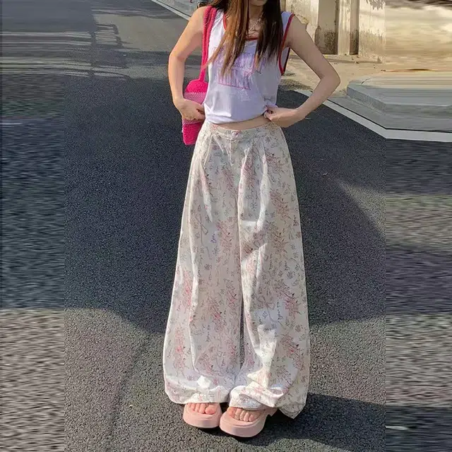 如续 美式复古高腰碎花宽松百搭薄款垂感阔腿时尚百搭休闲裤 女款