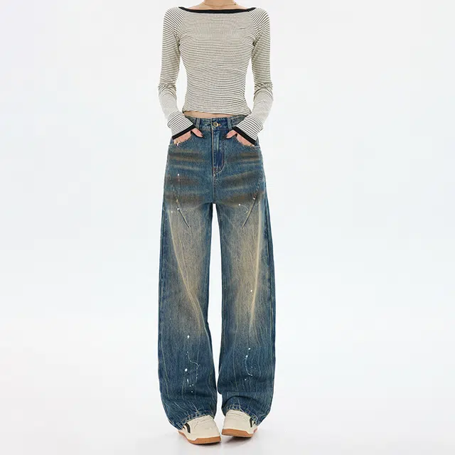 如续 美式做旧图案设计纽扣宽松褶皱斑点拖地牛仔裤 男女同款