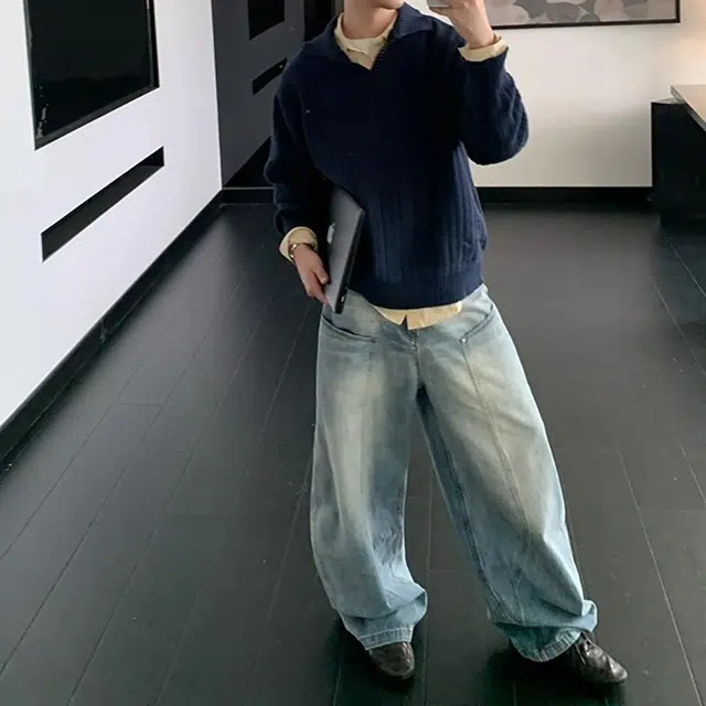 如续 美式复古重磅水洗做旧弯刀长裤宽松直筒阔腿拖地设计感百搭牛仔裤 男女同款