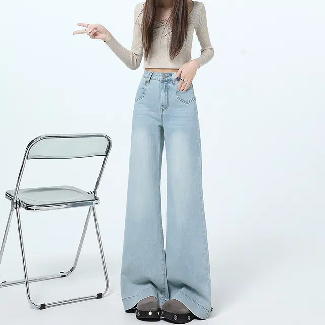 如续 浅色大喇叭高腰宽松显瘦垂感梨形遮胯拖地牛仔裤 女款