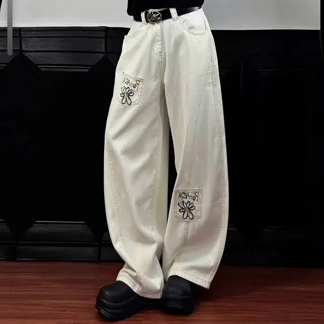 如续 美式解构花卉印花弯刀裤设计感阔腿情侣工装裤子牛仔裤 男女同款