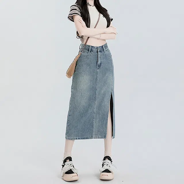 如续 高腰百搭做旧时尚中长款开叉休闲长裙 女款