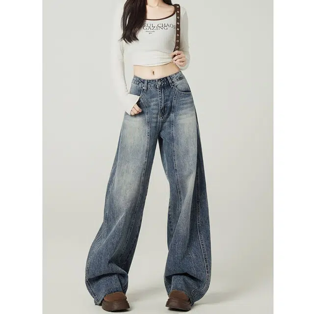 如续 美式复古百搭宽松阔腿弯刀长裤潮流舒适休闲垂坠感时尚牛仔裤 女款