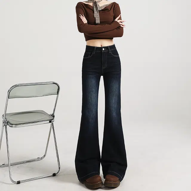 如续 水洗复古微喇弹力显瘦设计感马蹄喇叭拖地牛仔裤 女款