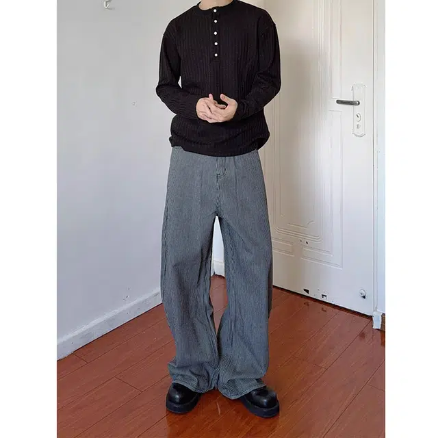 如续 美式复古学院风条纹弯刀裤少年感宽松百搭阔腿松弛感牛仔裤 男款