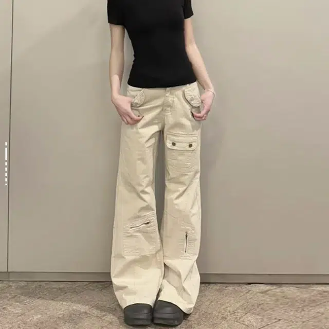 如续 美式复古高街多口袋工装设计户外机能伐木裤高腰修身显瘦拖地休闲微喇叭牛仔裤 女款