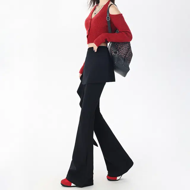 如续 微喇叭春夏紧身弹力直筒裤百搭高腰荷叶边长裤休闲裤 女款